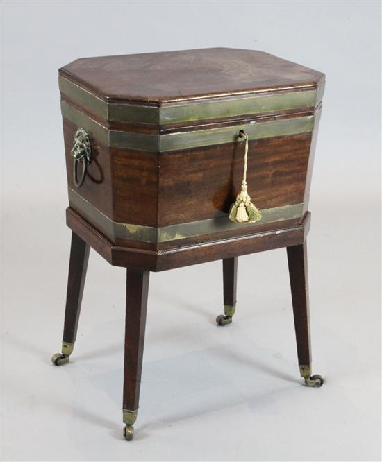 A George III brass bound mahogany octagonal cellaret, W.1ft 8in. D.1ft 4in. H.2ft 5in.